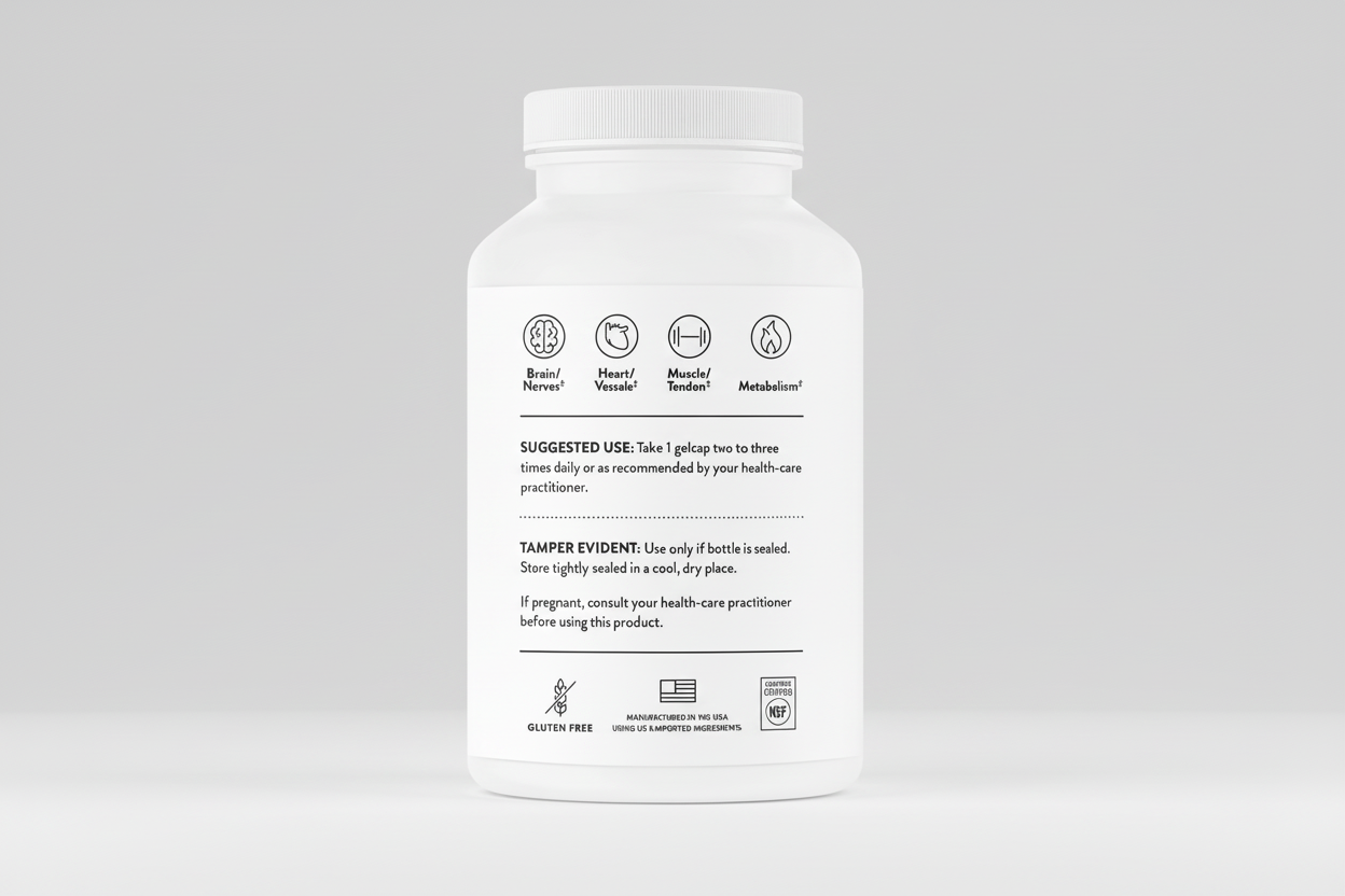 White supplement bottle with label on a black background