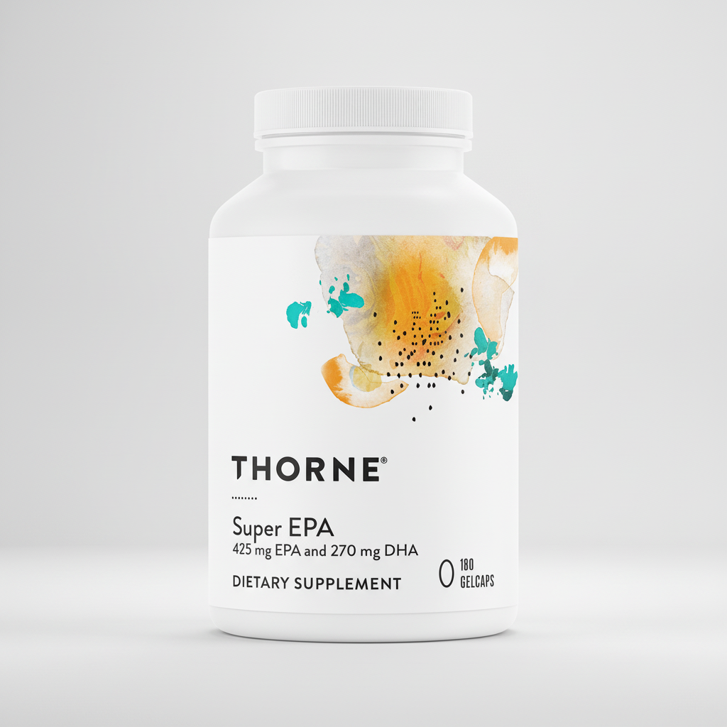 Thorne Super EPA dietary supplement bottle on a white background