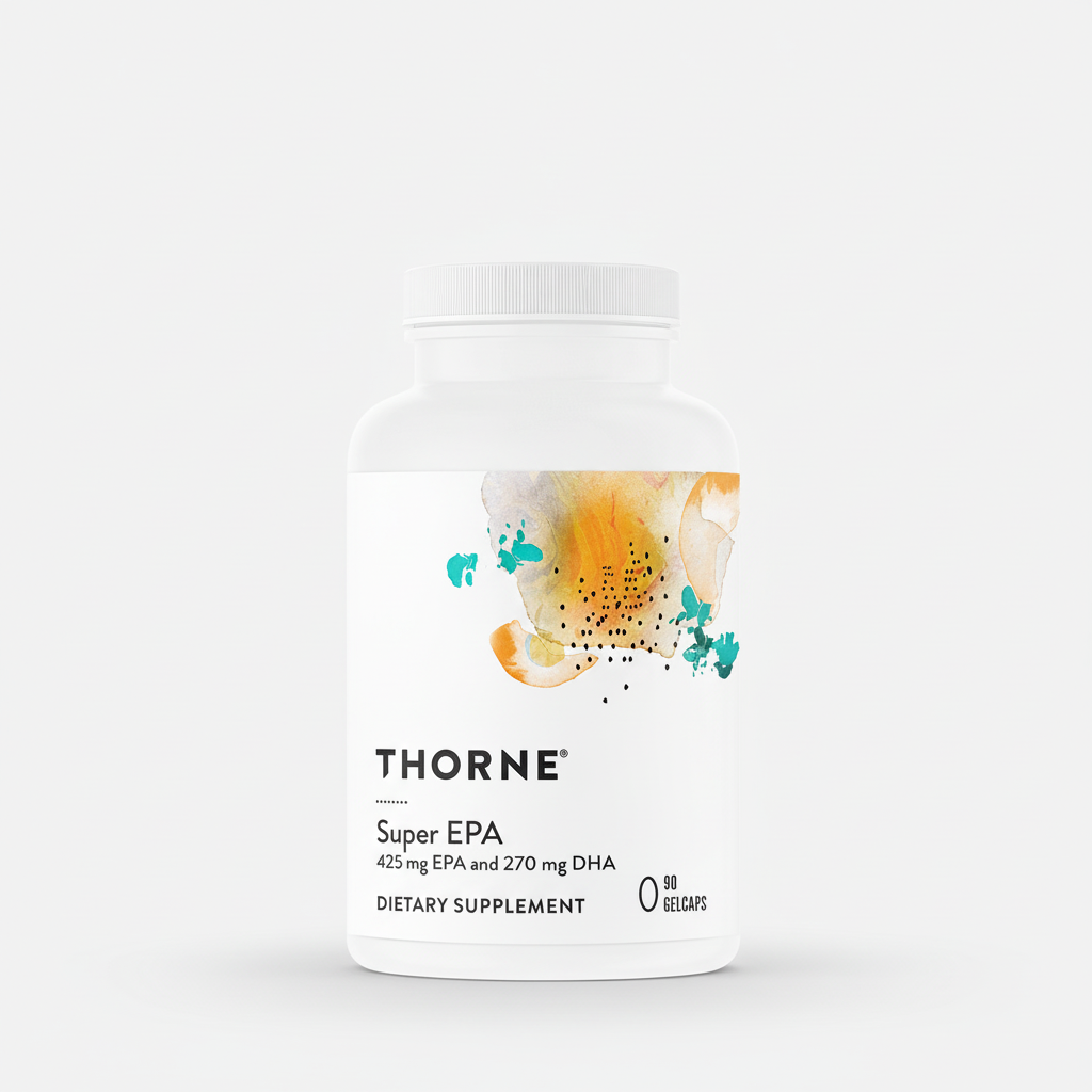 Thorne Super EPA dietary supplement bottle on a white background