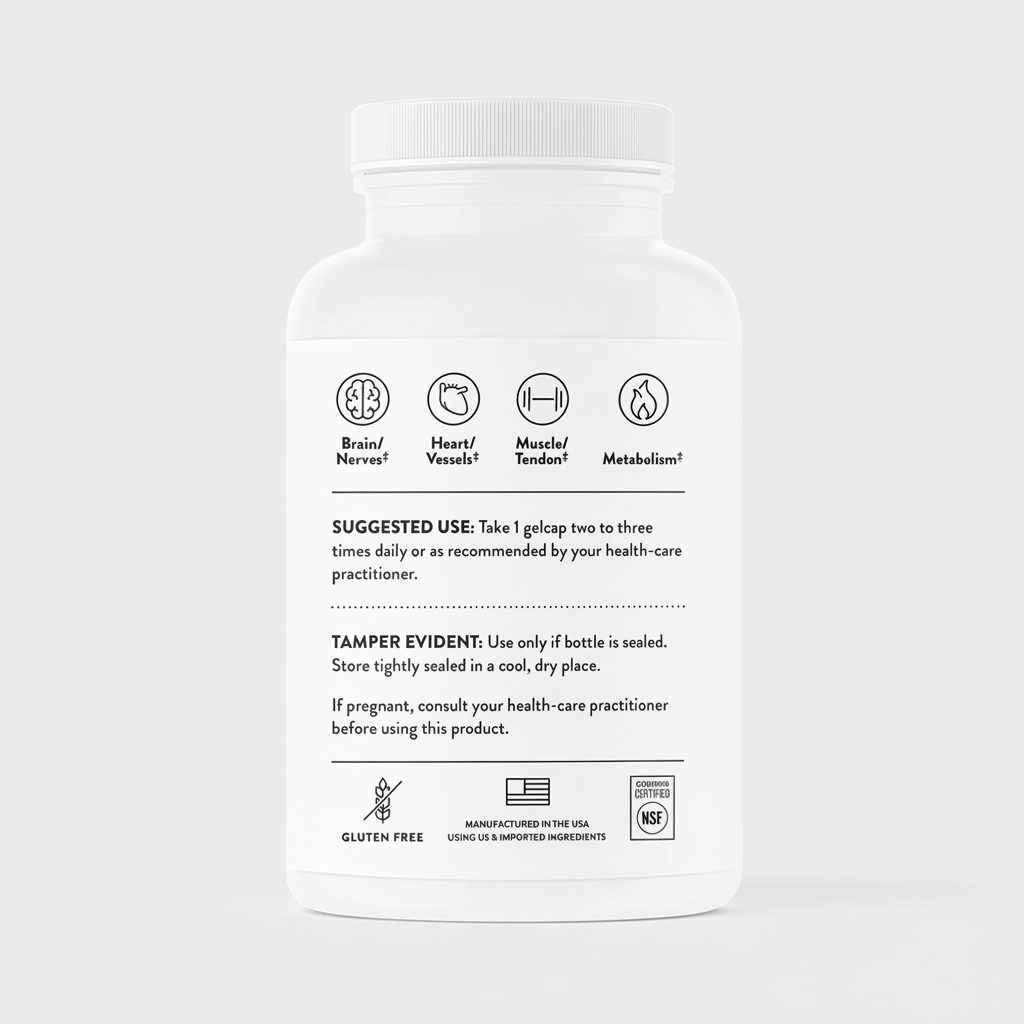 Supplement bottle label with text and icons on a white background