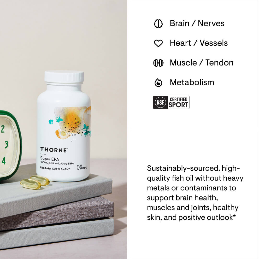 Thorne Super EPA dietary supplement bottle with capsules on a surface, featuring NSF Certified Sport logo.