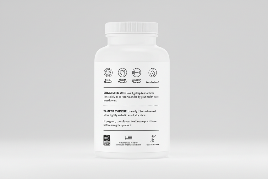 Supplement bottle label with icons and text on a white background