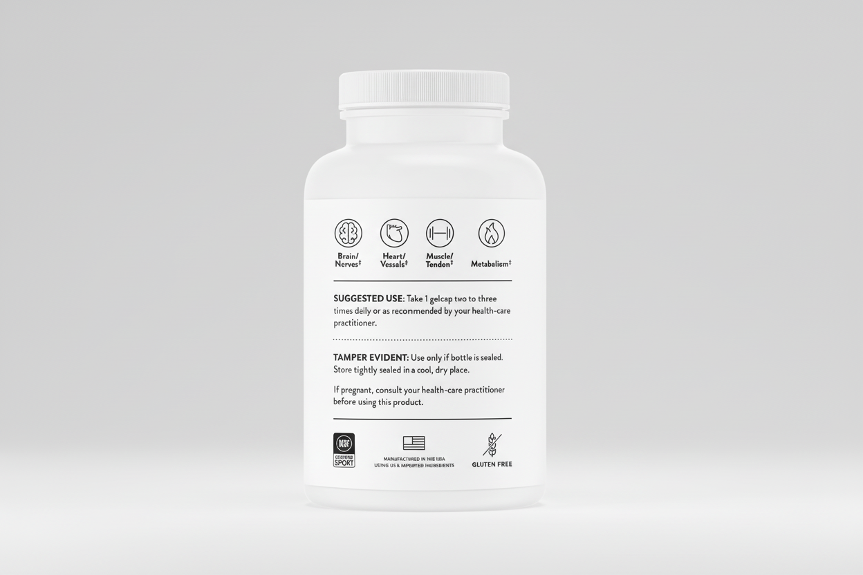 Supplement bottle label with icons and text on a white background