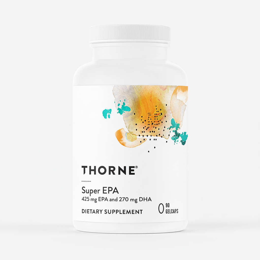 Thorne Super EPA dietary supplement bottle on a white background