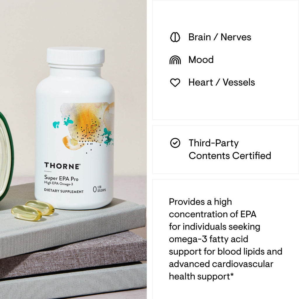 Thorne Super EPA Pro dietary supplement bottle with product details on a neutral background