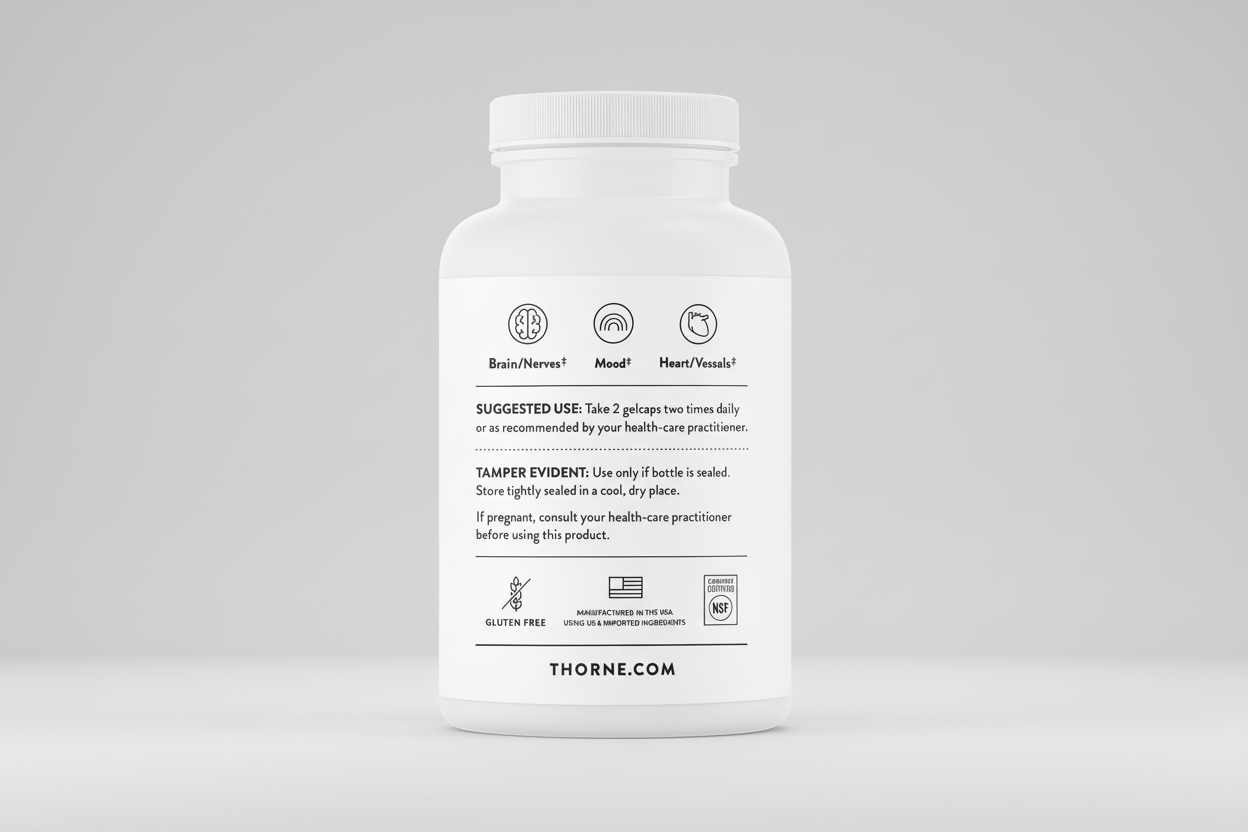 White supplement bottle with label on a black background