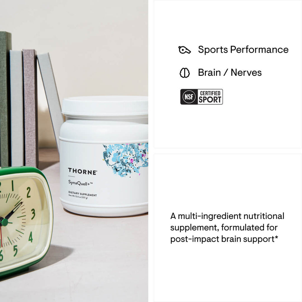 Thorne Sports Performance supplement container with a clock and books on a table