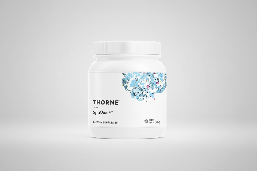 Thorne SynaQuell+ dietary supplement container on a black background