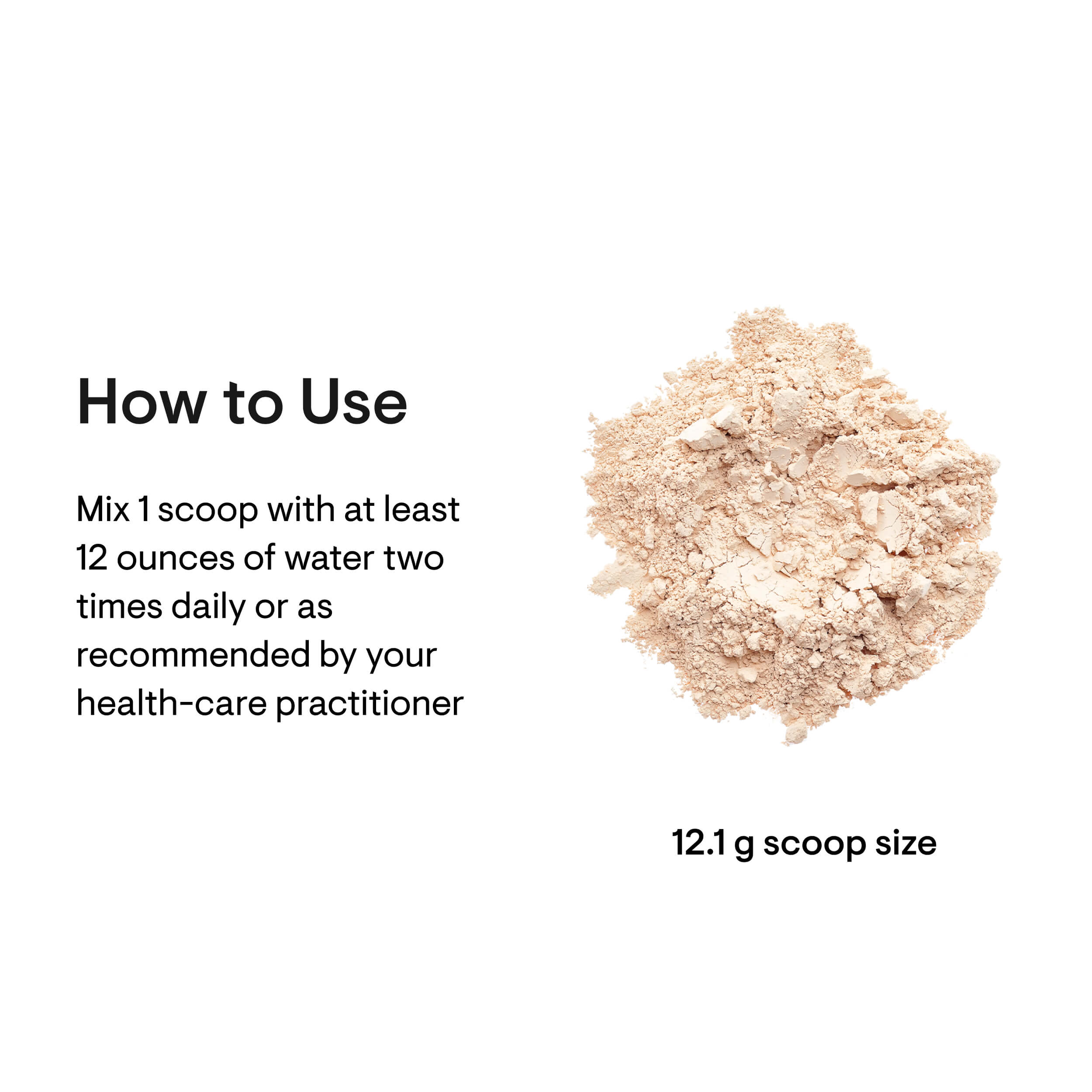 Powdered supplement with usage instructions on a white background