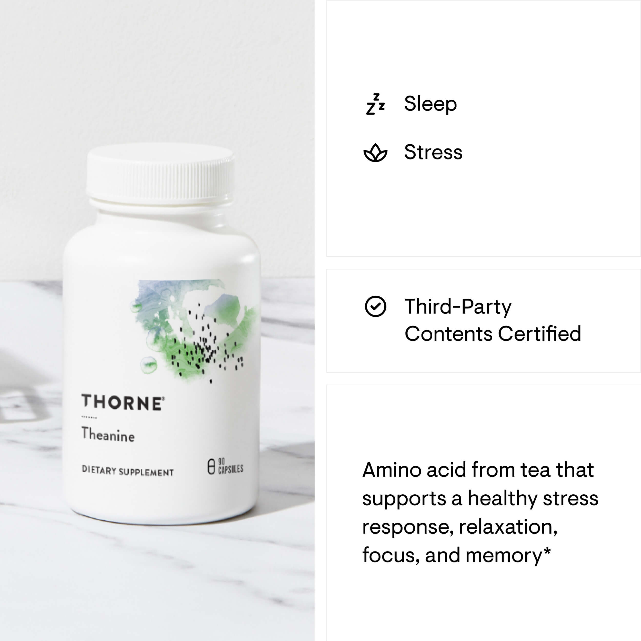 Thorne Theanine dietary supplement bottle with product details on a white background