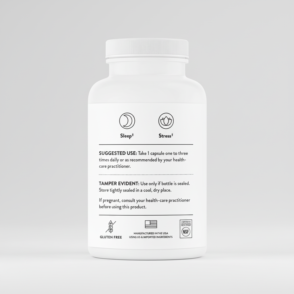 White supplement bottle with label on a black background
