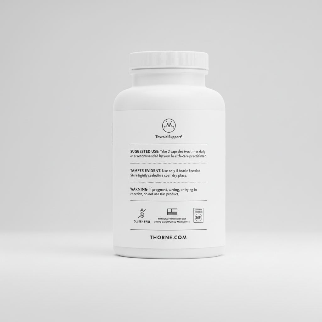 White supplement bottle with black text on a white background