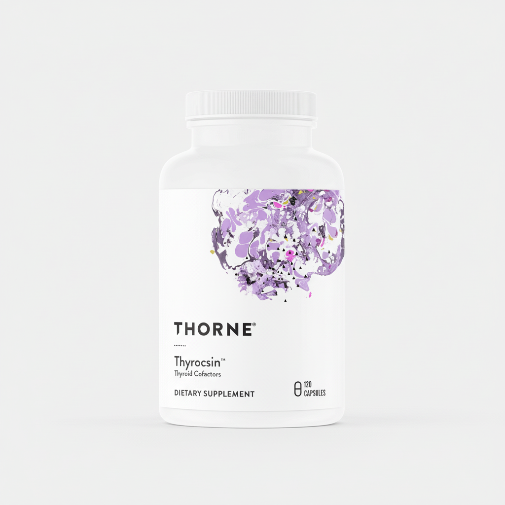Thorne Thyrocsin dietary supplement bottle on a white background