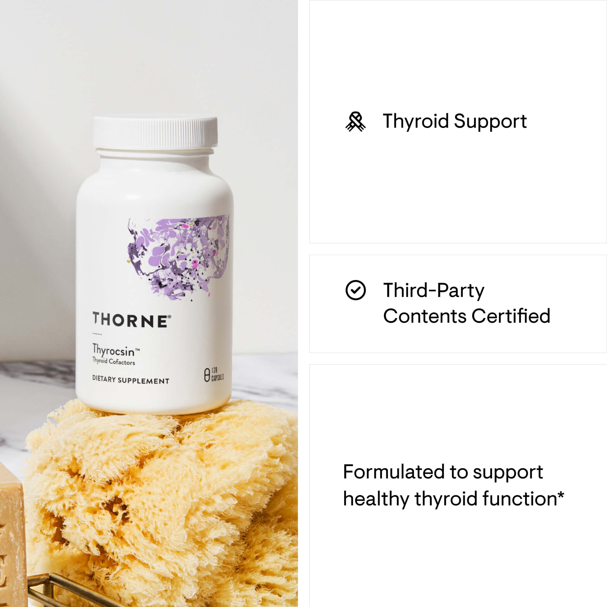 Thorne Thyroccin supplement bottle on a wooden surface with text about thyroid support and certification.