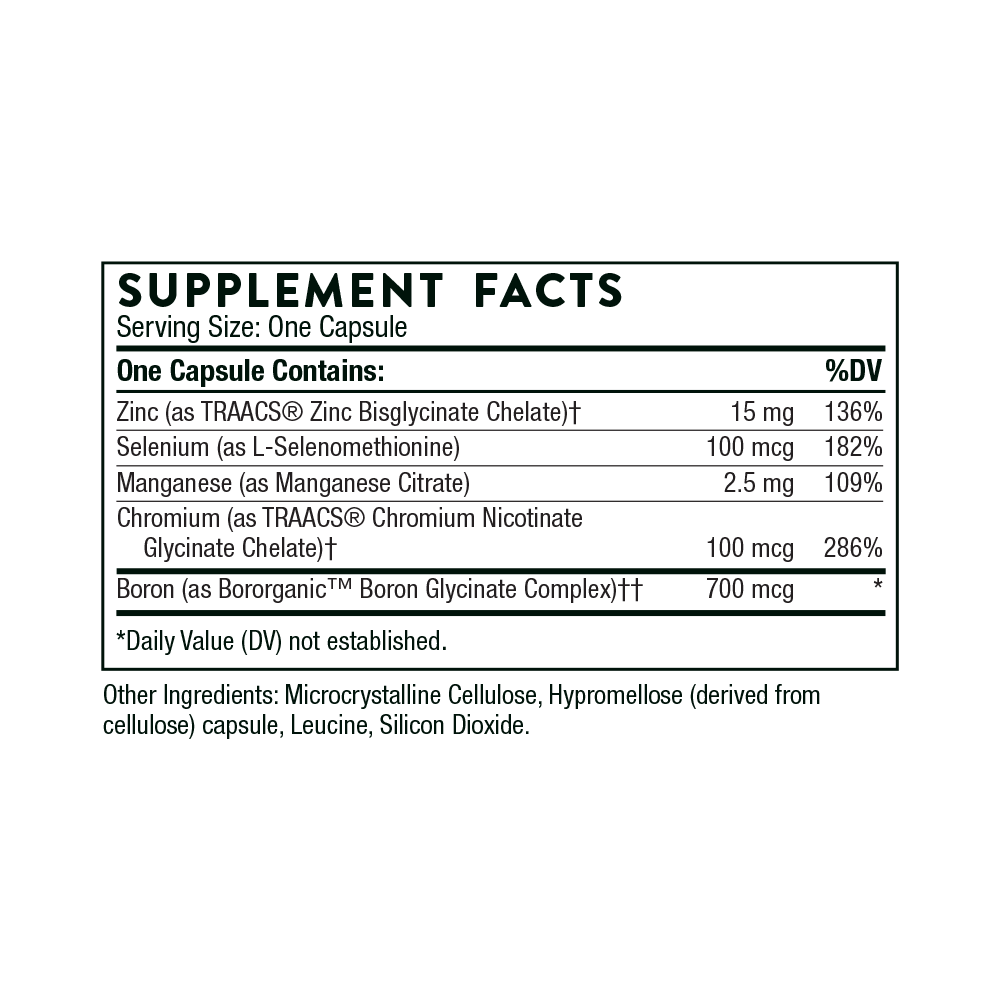 Supplement facts label for a capsule containing various minerals and vitamins on a white background.