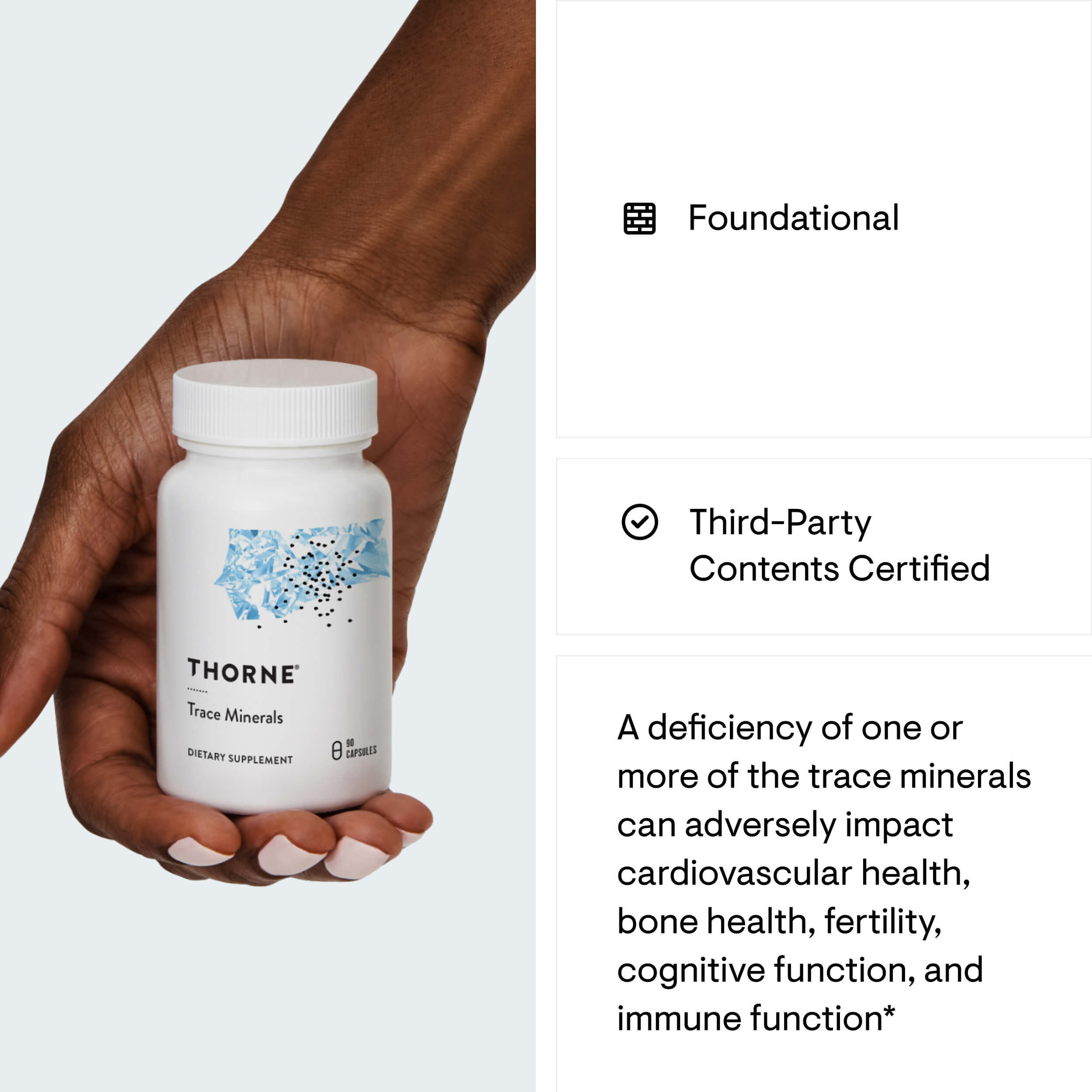 Hand holding a Thorne Trace Minerals supplement bottle with certification details on a light gray background