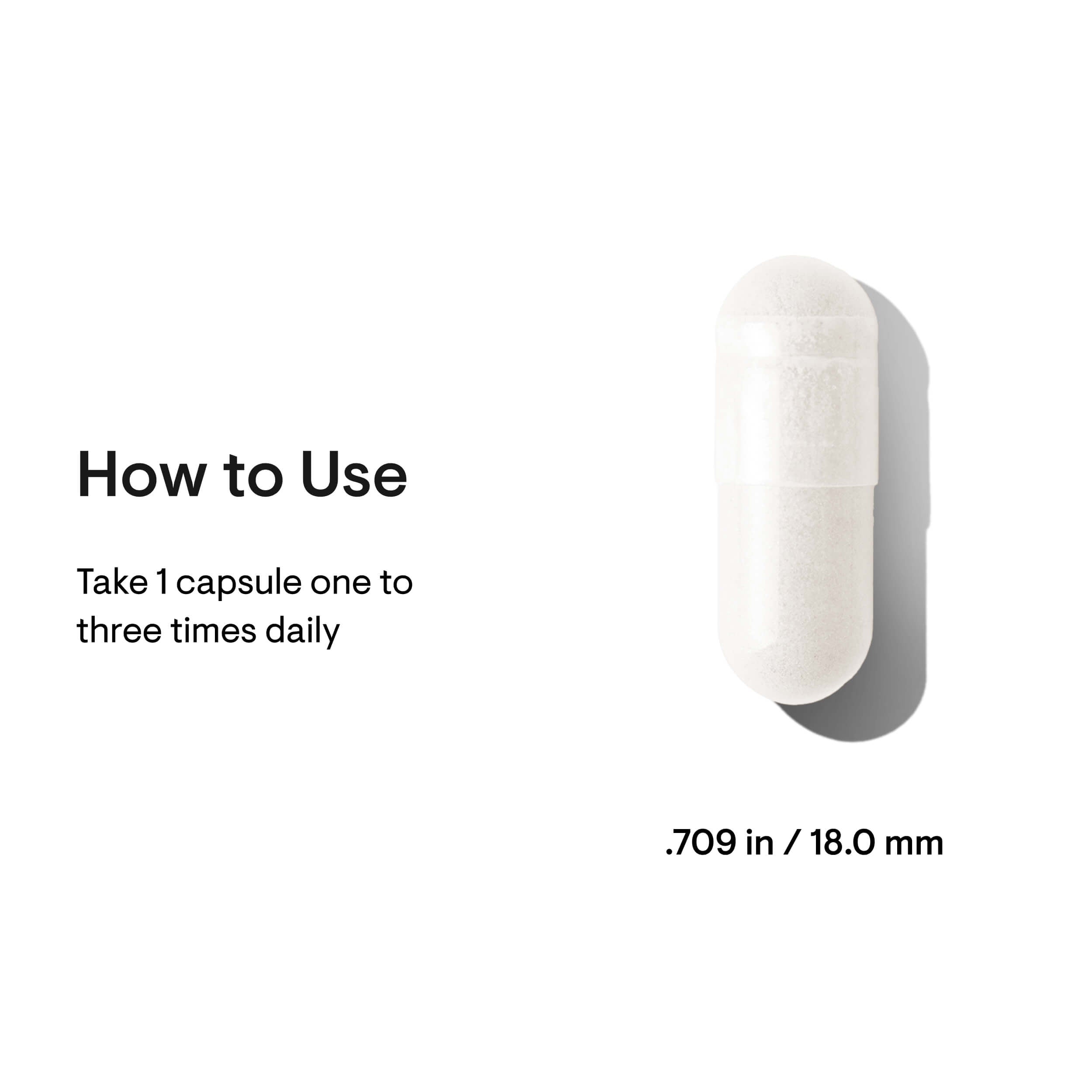 White capsule with text on how to use and dimensions on a white background