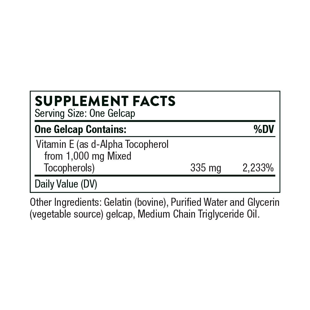 Supplement facts label for a gelcap containing Vitamin E on a white background