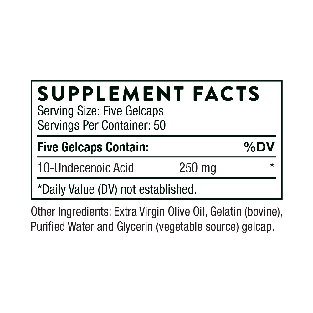 Supplement facts label for a product containing 10-Undecenoic Acid with serving size and container details.