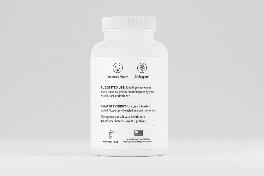 White supplement bottle with black text on a white background