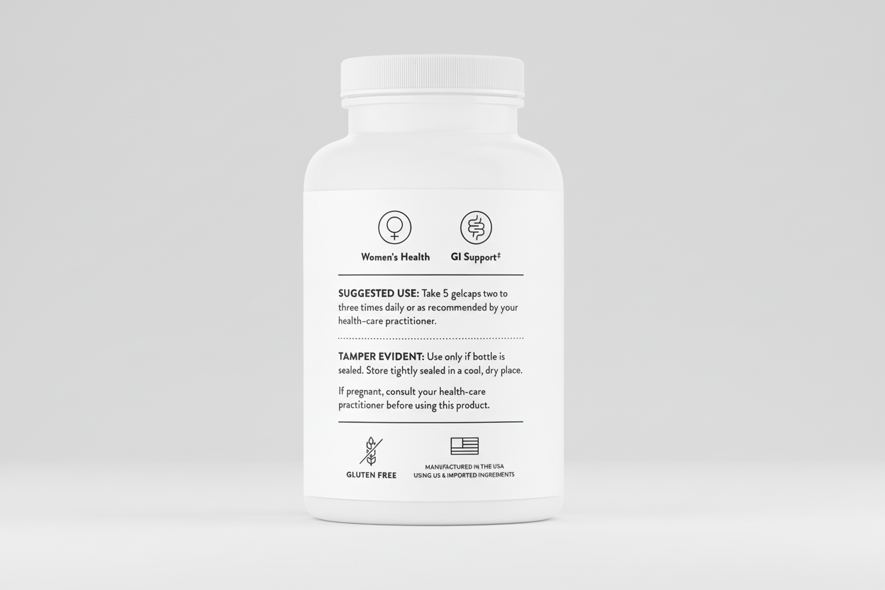 White supplement bottle with black text on a white background