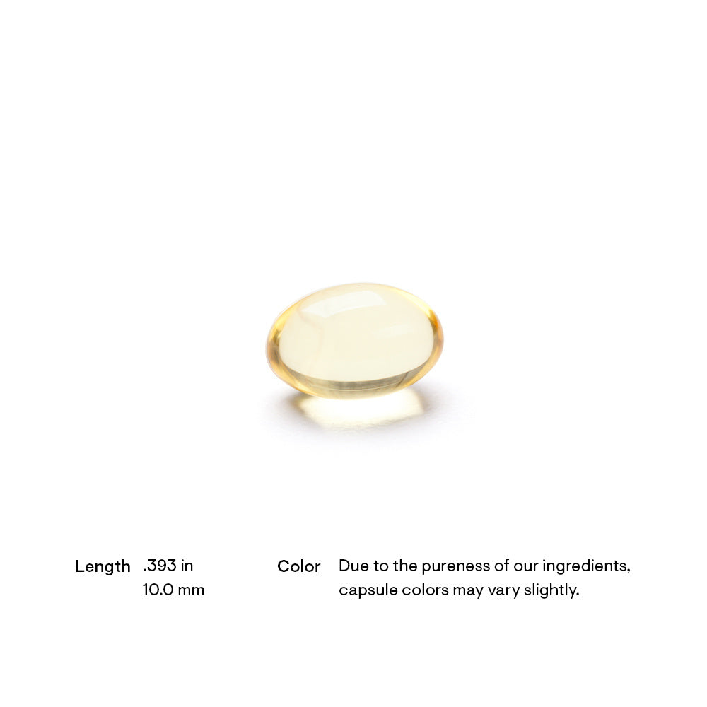 Yellow capsule on a white background with text about dimensions and color variation.