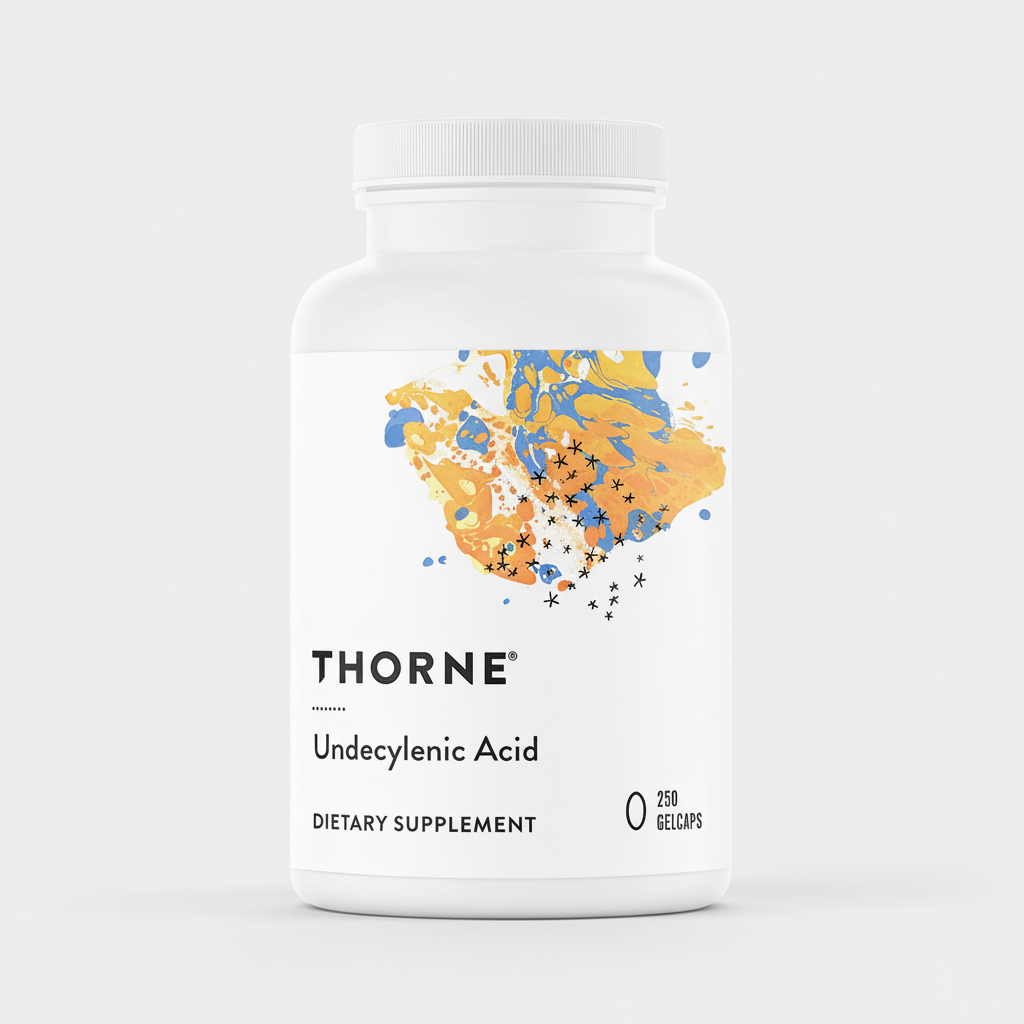 Thorne dietary supplement bottle with colorful label on a white background