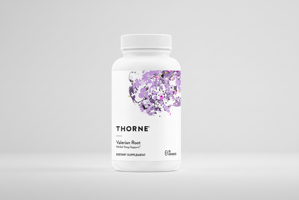 Thorne Valerian Root supplement bottle on a white background