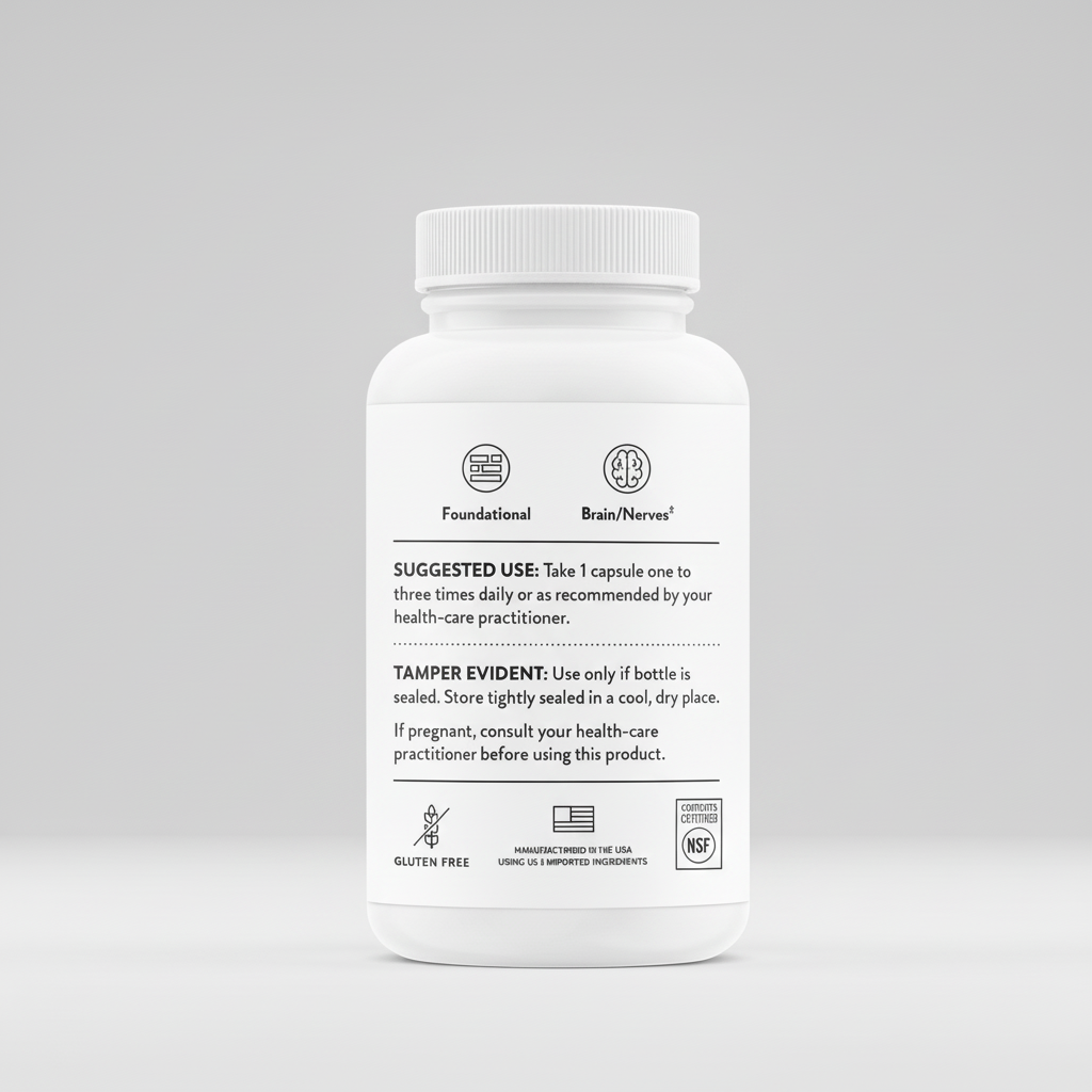 White supplement bottle with label on a black background