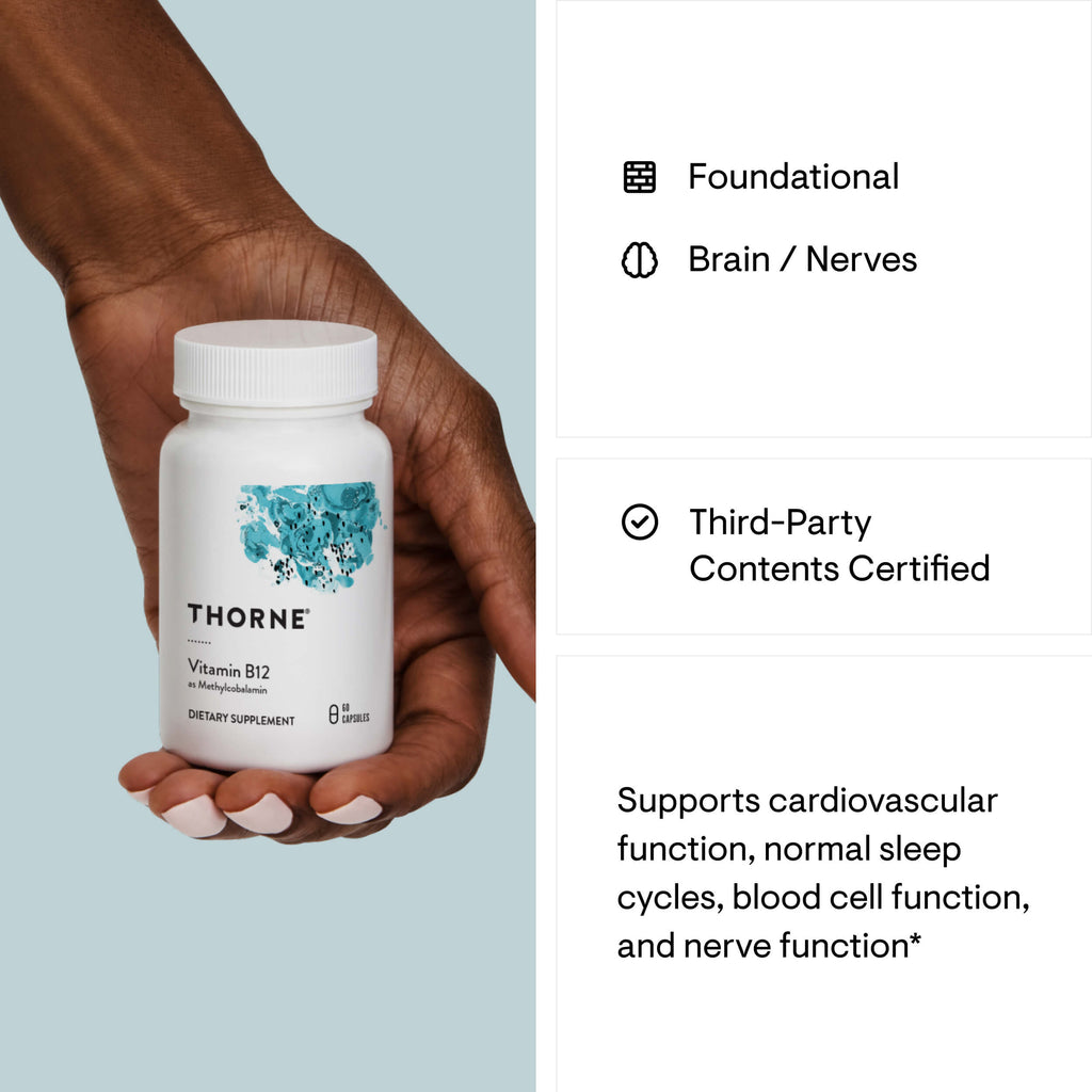 Hand holding a Thorne supplement bottle with product details on a light blue background