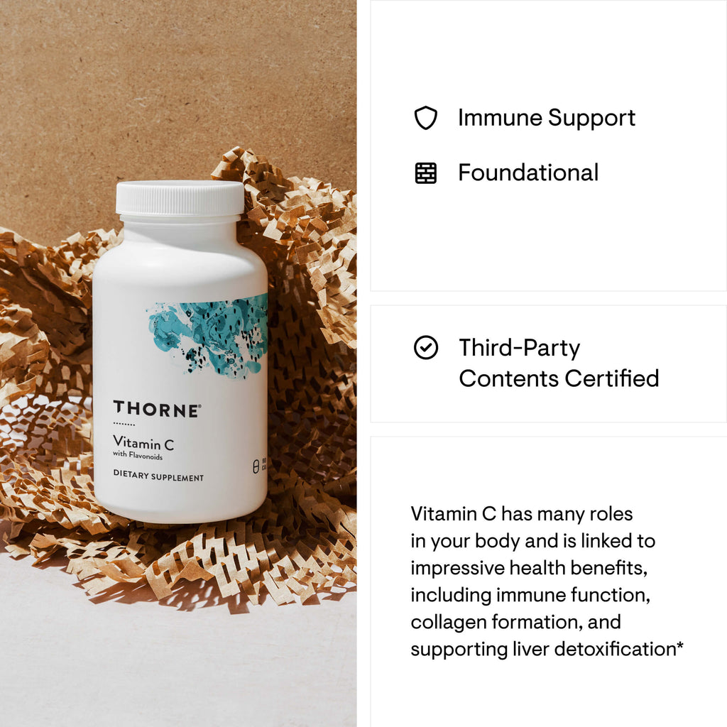 Thorne Vitamin C supplement bottle on a textured surface with product details on the right.