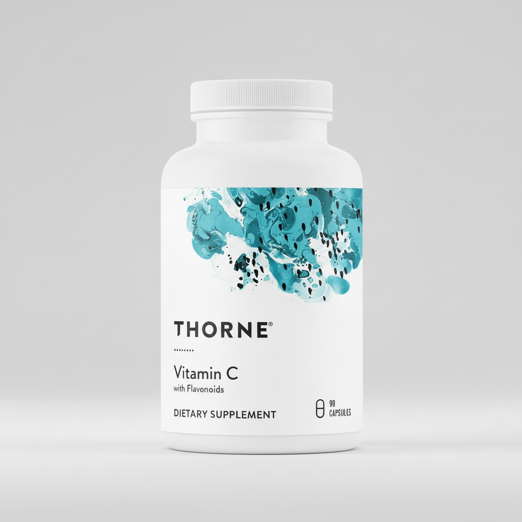 Thorne Vitamin C dietary supplement bottle on a white background