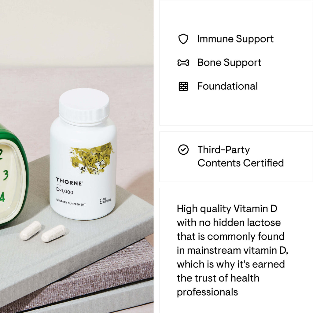 Thorne Vitamin D supplement bottle with text on immune support, bone support, and third-party certification.