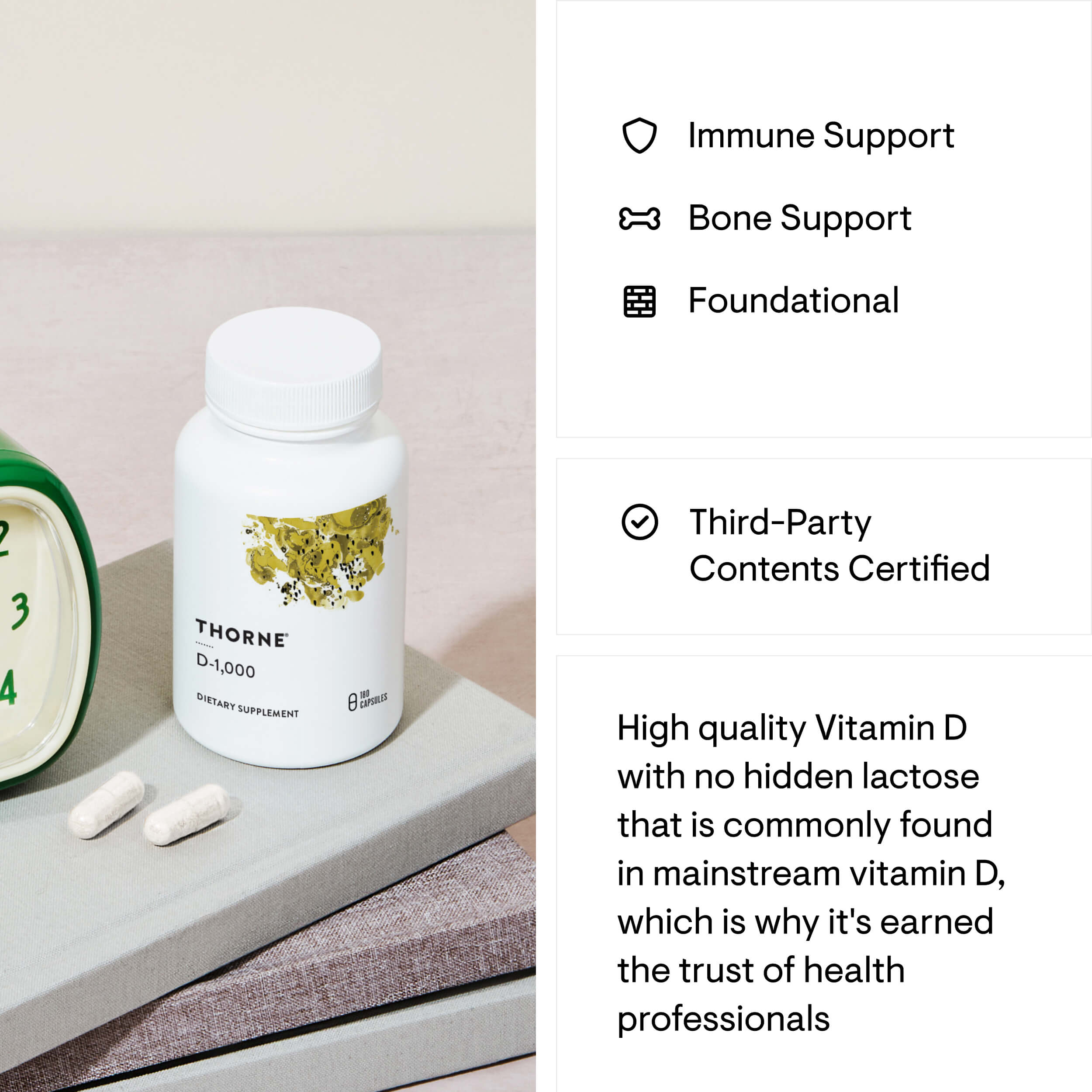 Thorne Vitamin D supplement bottle with text on immune support, bone support, and third-party certification.
