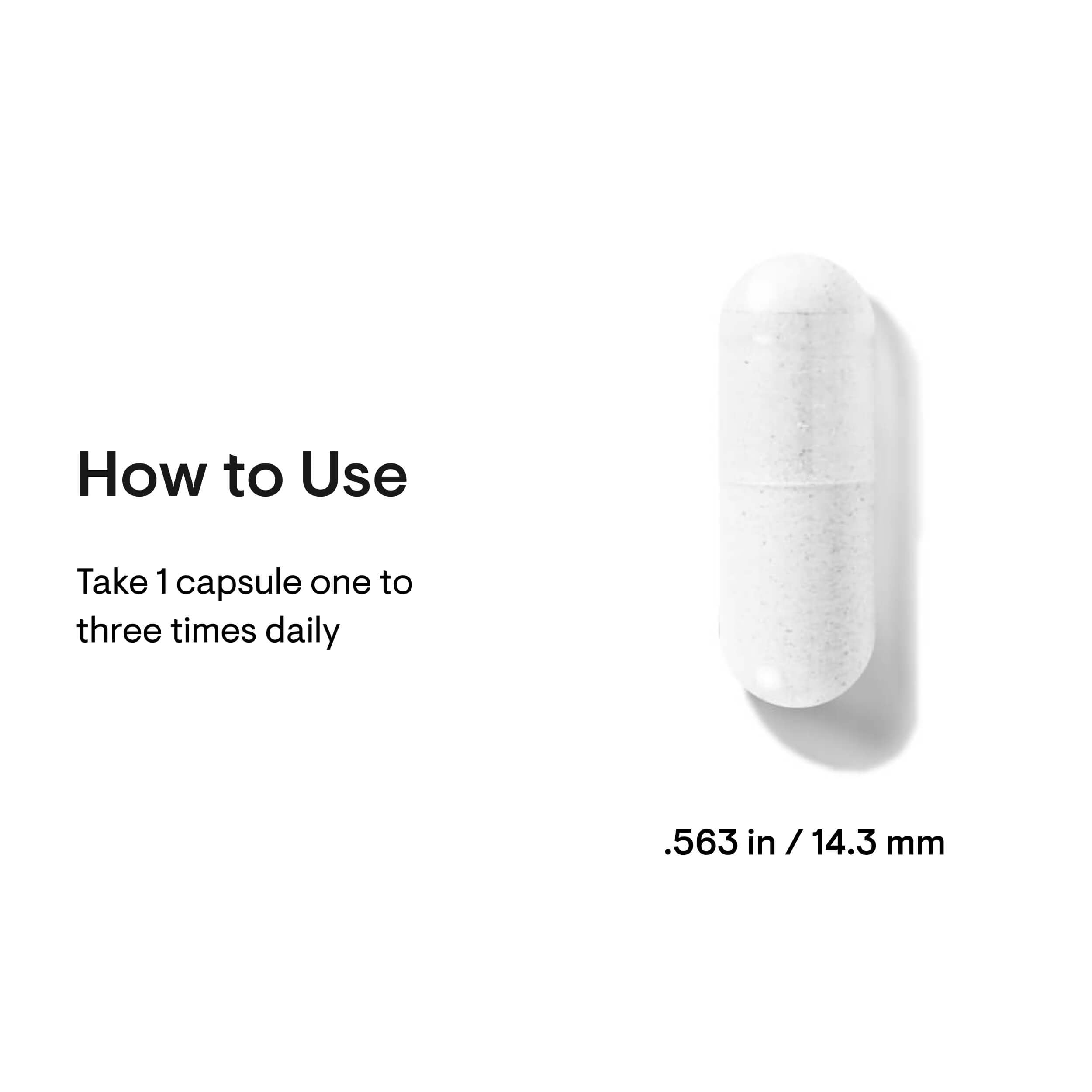 White capsule with text on how to use and its dimensions on a white background