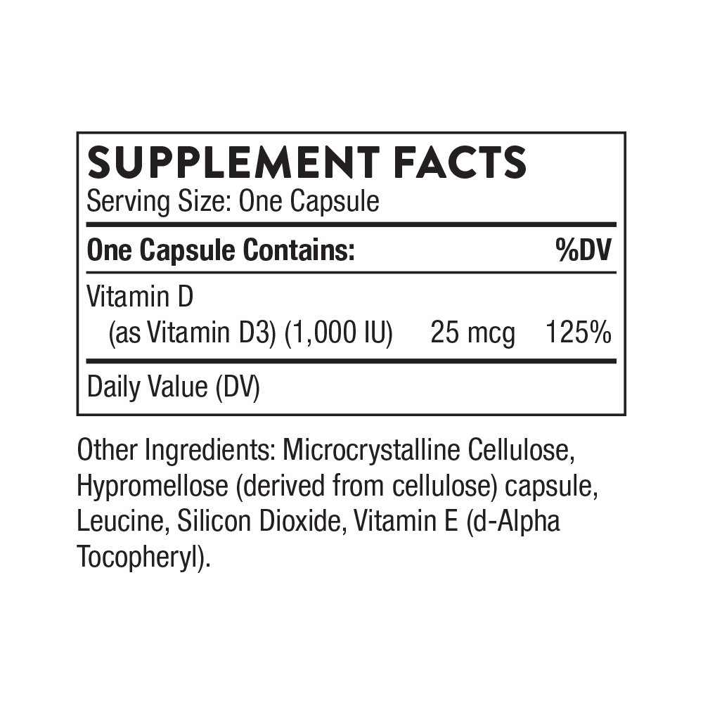Supplement facts label for a vitamin D capsule on a white background