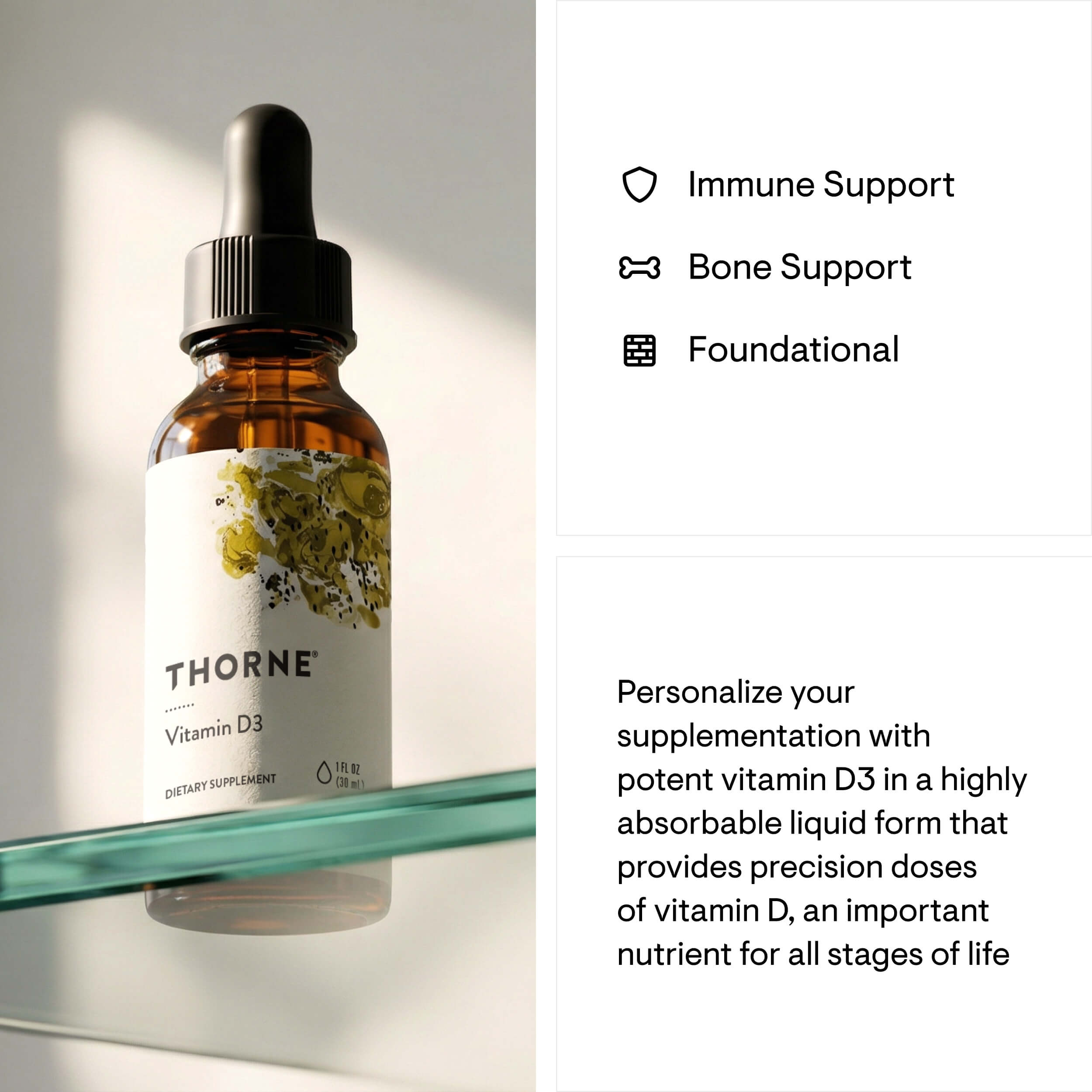 Thorne Vitamin D3 dropper bottle on a glass shelf with text about immune support, bone support, and foundational benefits.