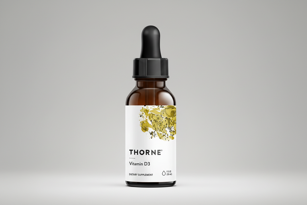 Thorne Vitamin D3 dropper bottle on a white background