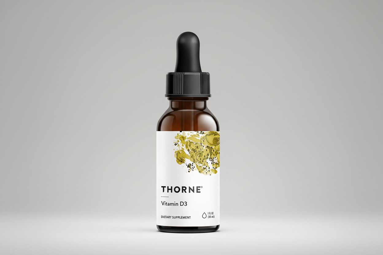 Thorne Vitamin D3 dropper bottle on a white background