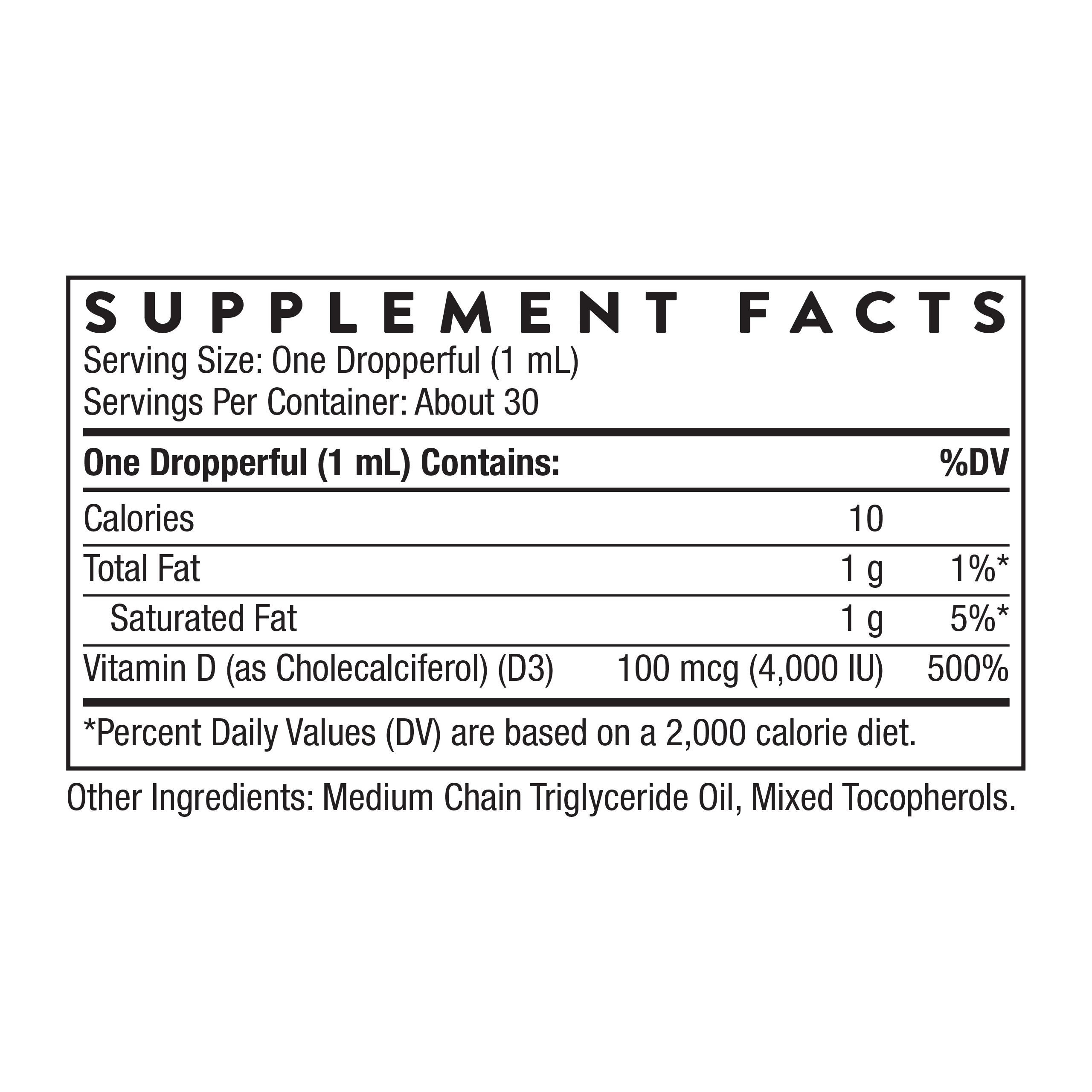 Supplement facts label for a product with vitamin D content on a white background
