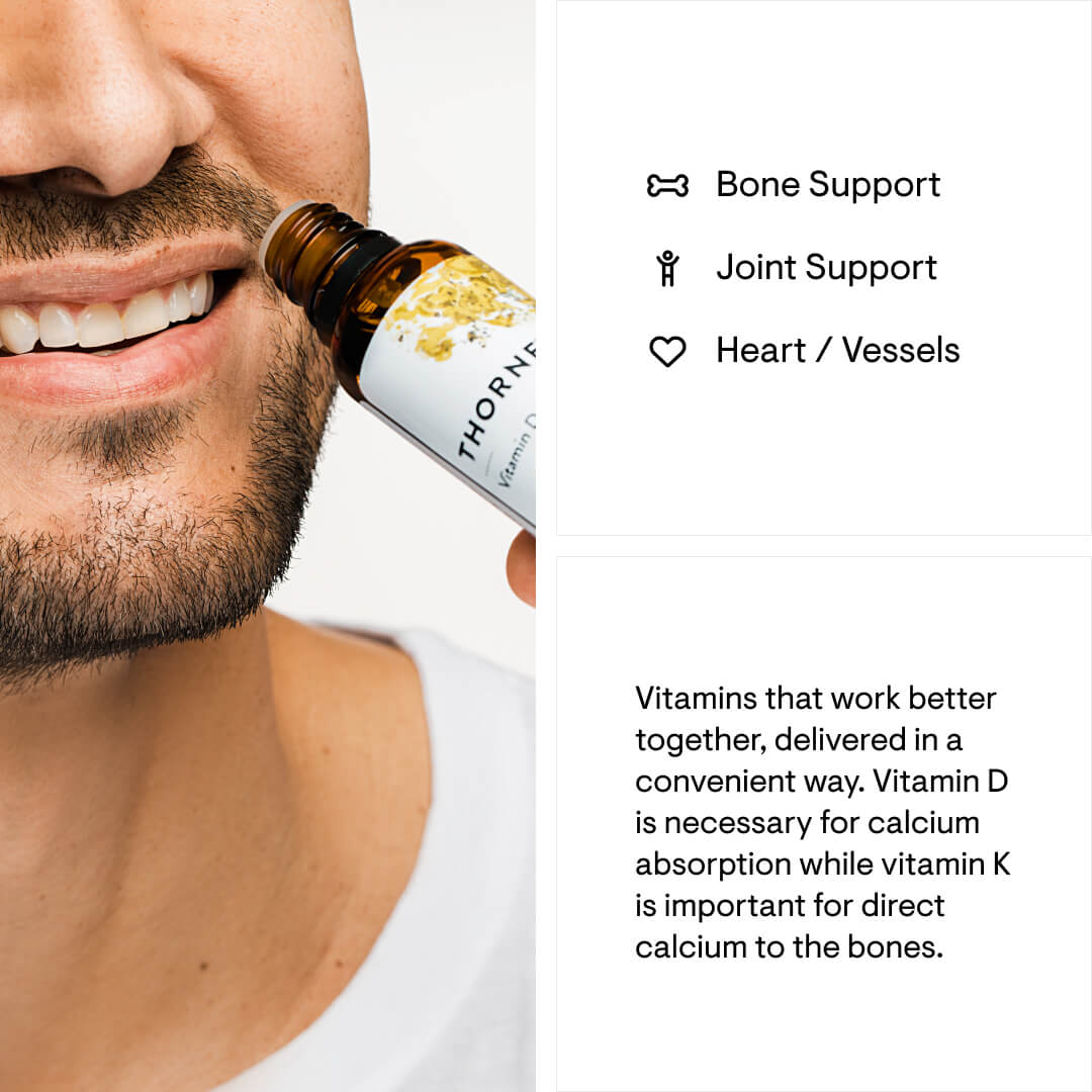 Bottle of Thorner's supplements being held to a man's mouth with health benefits listed on the right.