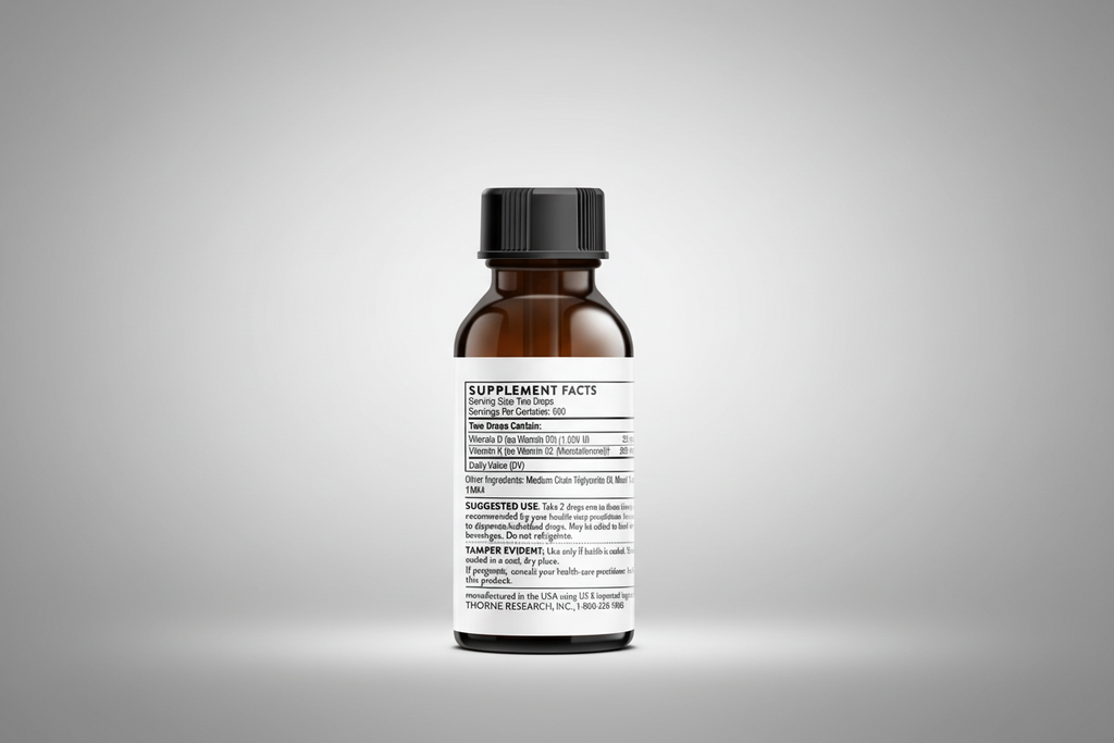 Brown supplement bottle with label on a white background