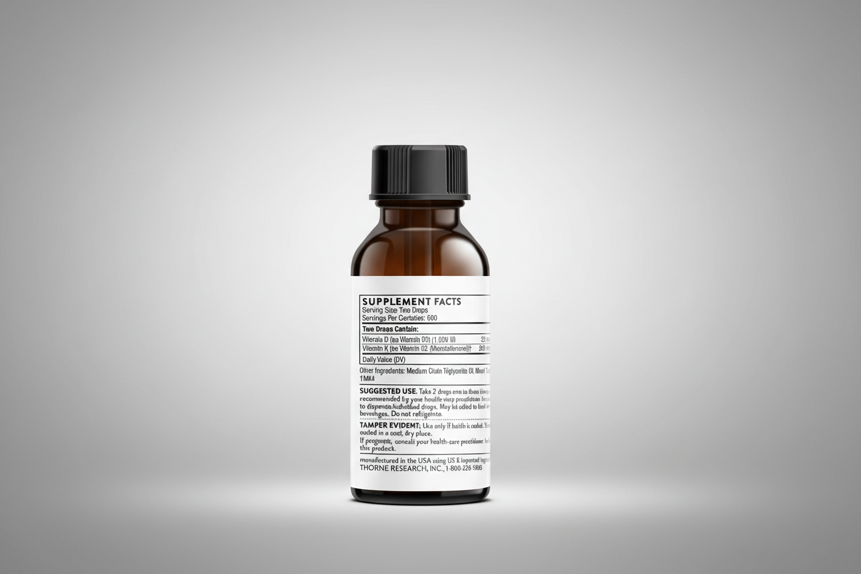 Brown supplement bottle with label on a white background