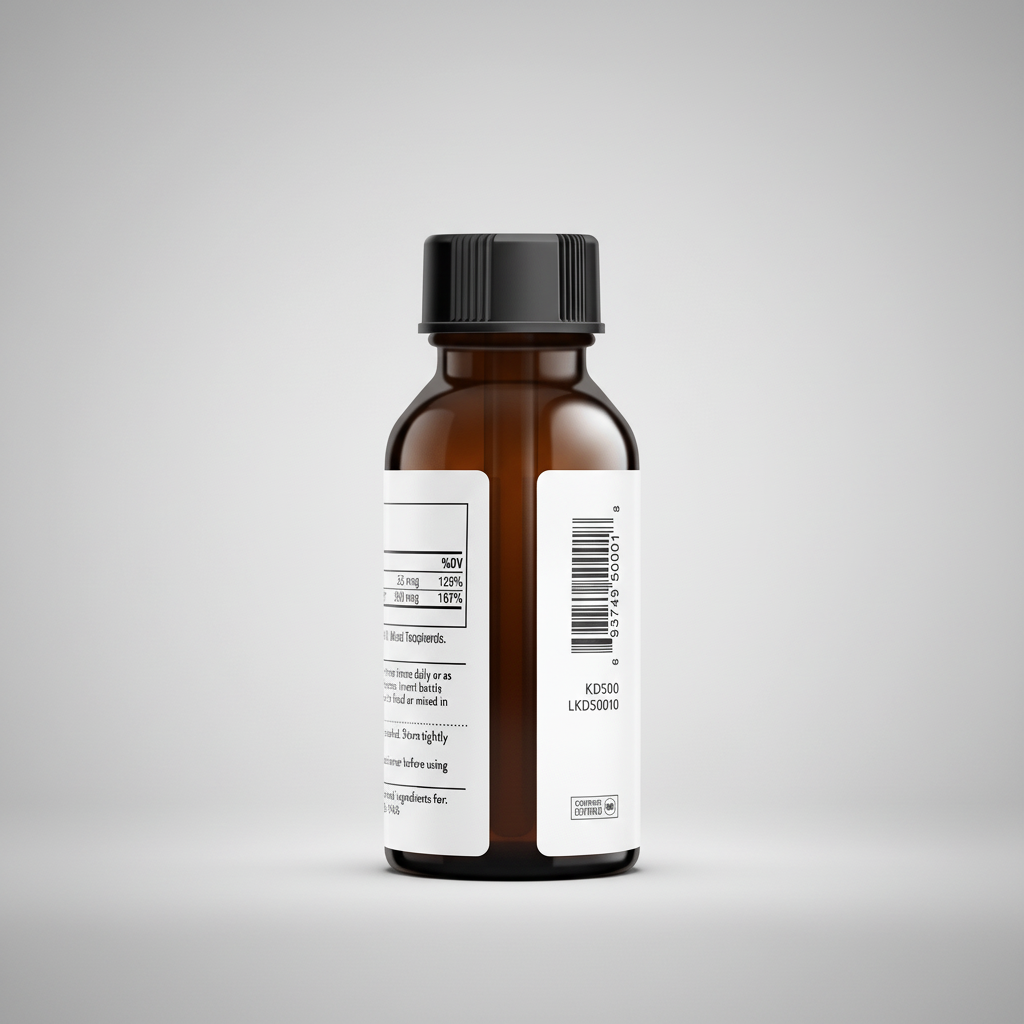 Brown bottle with a label on a white background