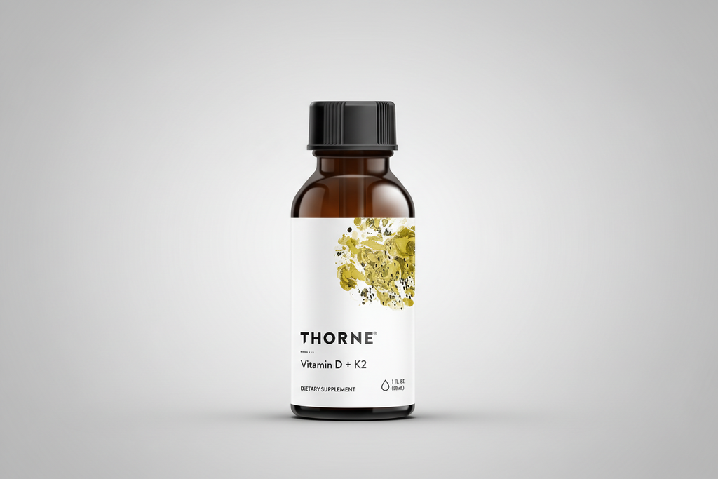 Thorne Vitamin D + K2 dietary supplement bottle on a white background