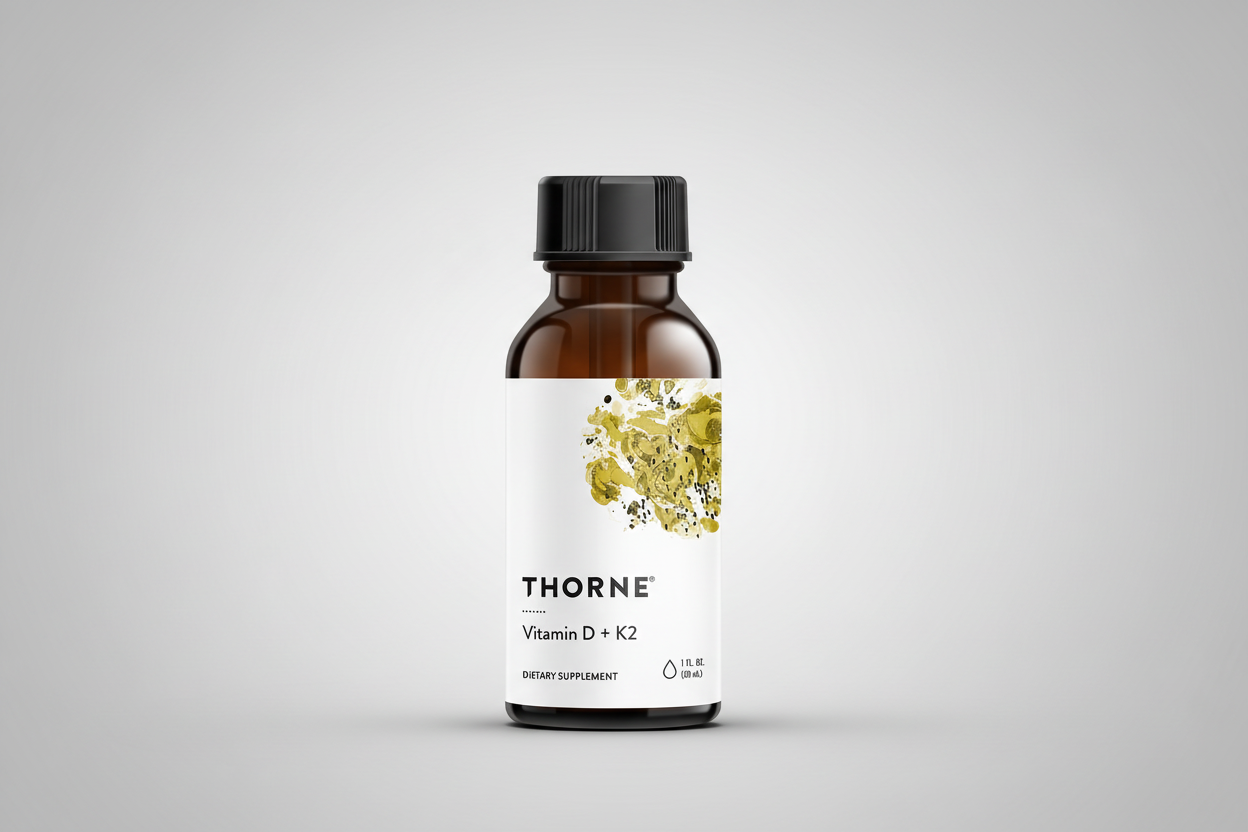 Thorne Vitamin D + K2 dietary supplement bottle on a white background