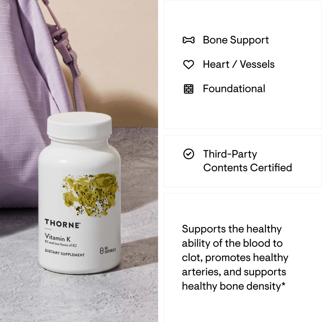 Thorne Vitamin K dietary supplement bottle with product details on the right