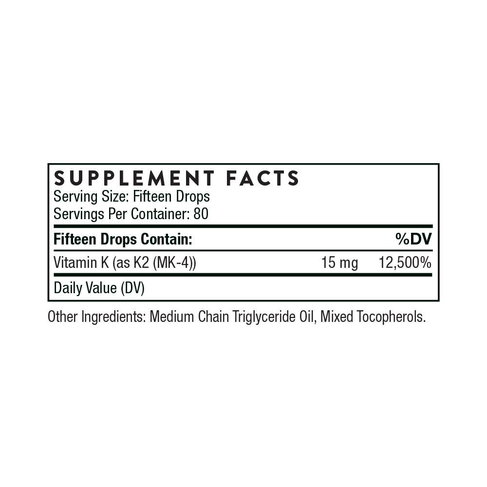Supplement facts label with vitamin K content on a white background