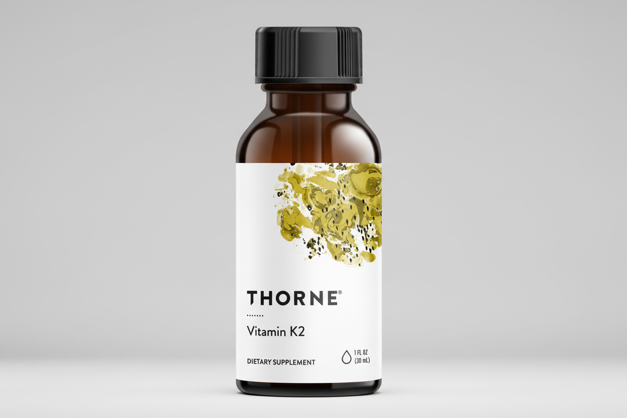 Thorne Vitamin K2 dietary supplement bottle on a white background