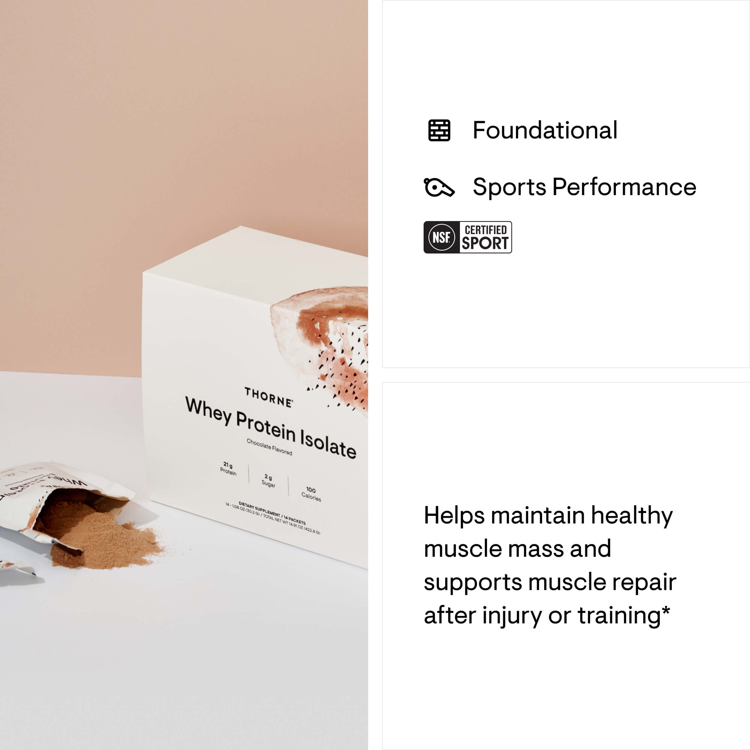 Thorne Whey Protein Isolate box with NSF Sport certification on a light background